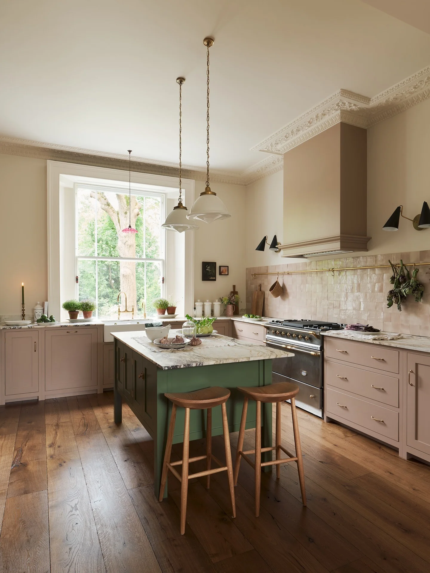 Green Kitchen Island With Marble Top Offers A Bold Centerpiece