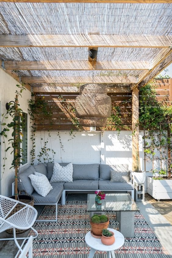 Woven Pendant Light Adds Boho Charm to Pergola