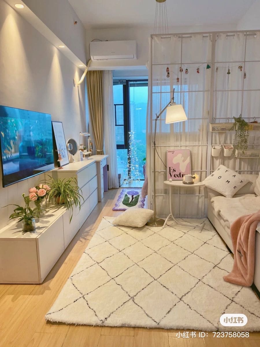 White Metal Room Divider With Hanging Storage Pockets