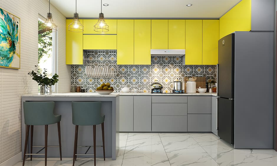 Bright Yellow Upper Cabinets Lighten Gray Base Units
