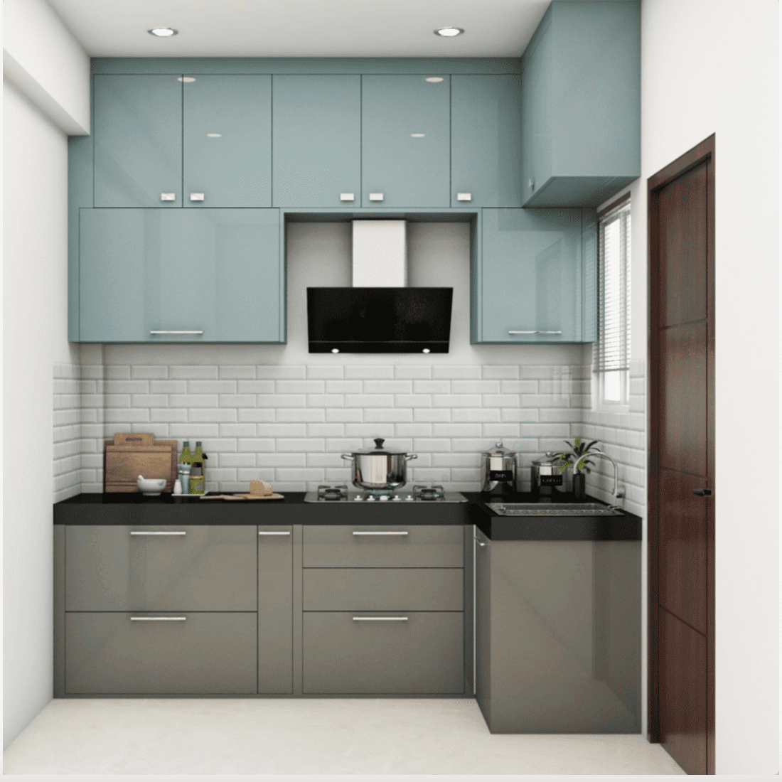 Soft Blue Upper Cabinets Frame Matte Gray Base Units
