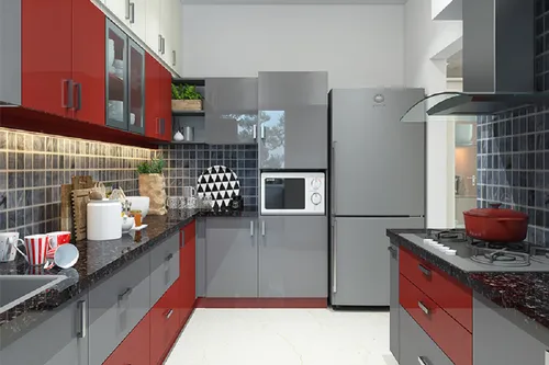 Red Base Cabinets Ground a Sleek Gray Kitchen
