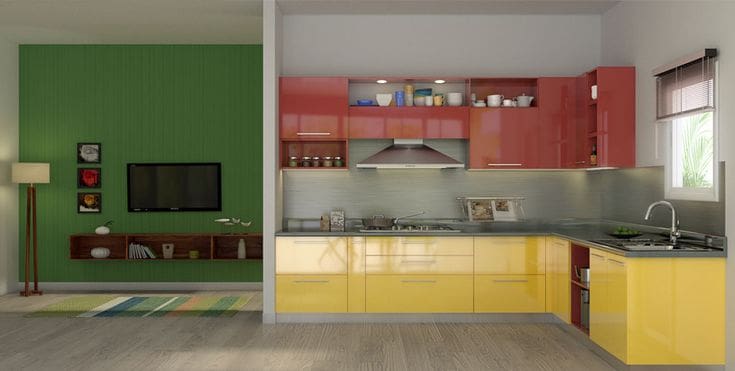 Glossy Red Upper Cabinets Frame Sunny Yellow Base Cabinets