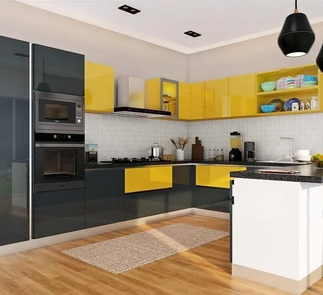 Sunny Yellow Base Cabinets Contrast With Dark Gray Units