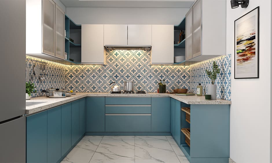 Matte Blue Base Cabinets Ground White Upper Units