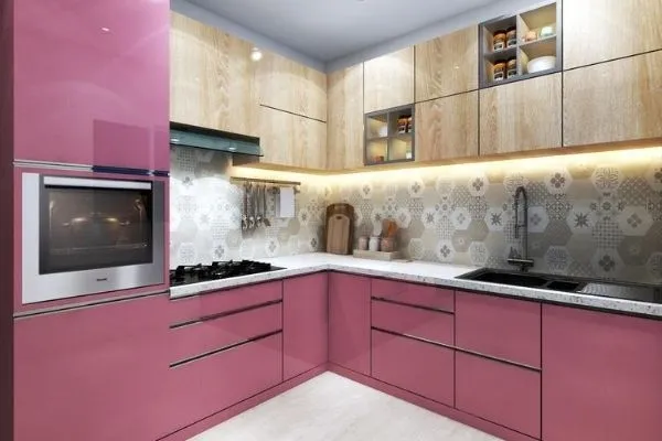 Matte Pink Base Cabinets Ground Natural Wood Upper Units