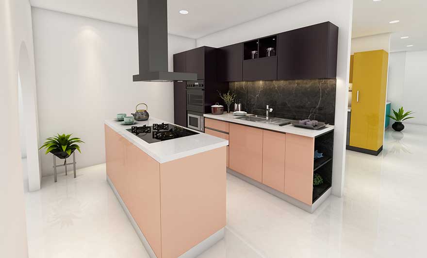 Peach Island Cabinets Soften Dark Upper Units