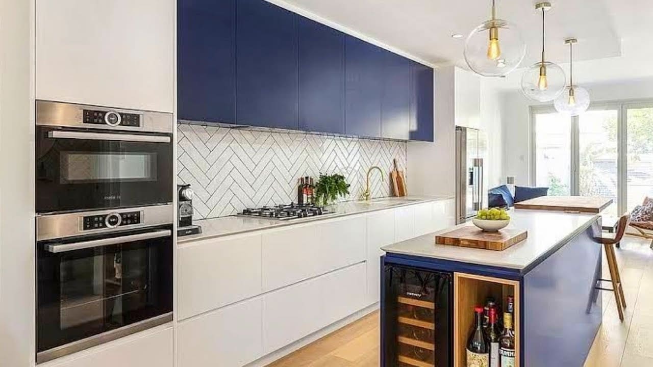 Deep Blue Island Cabinets Anchor White Kitchen Design
