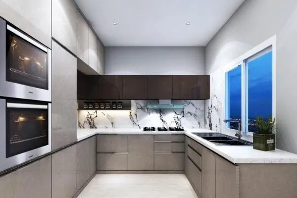 Dark Upper Cabinets Contrast With Light Gray Base Units