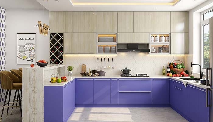 Bold Purple Base Cabinets Complement Light Wood Upper Units