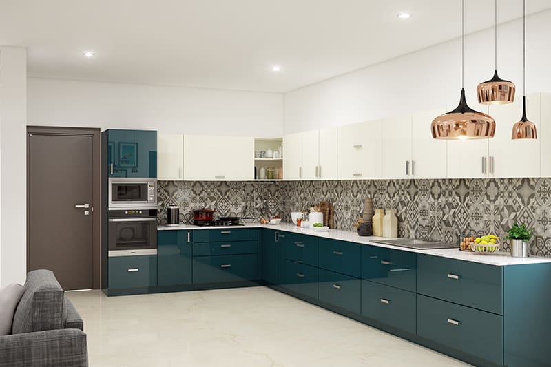 Deep Teal Base Cabinets Pair With Cream Upper Units