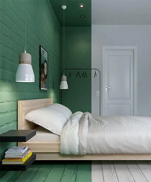 Deep Green Walls Anchor a Serene, Two-Tone Bedroom