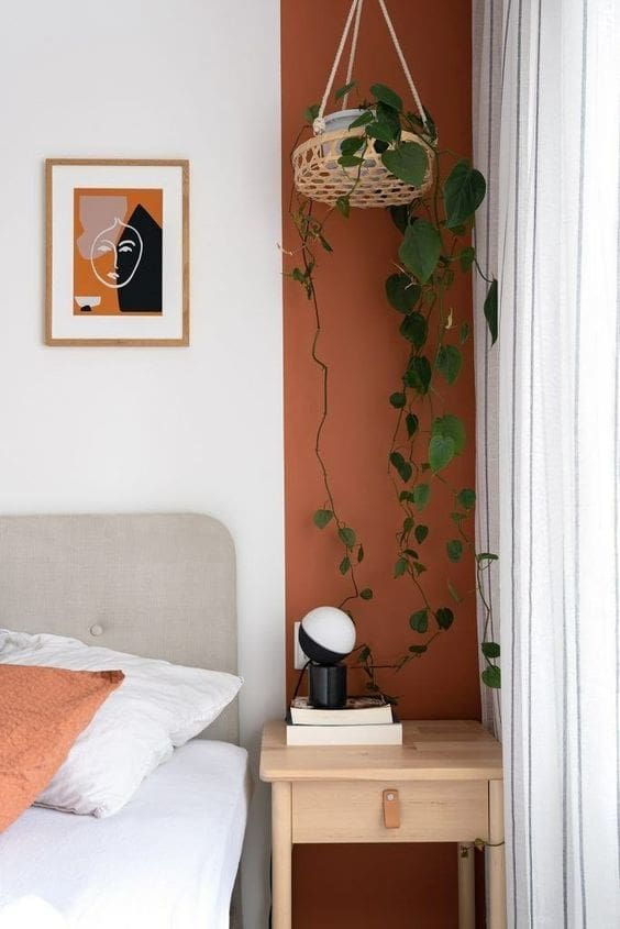Terracotta Accent Wall Pairs With Natural Wood Nightstand