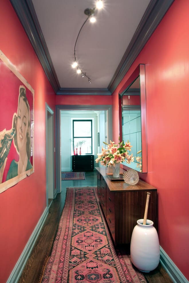 Energize Your Entry with Coral Walls and Mid-Century Console