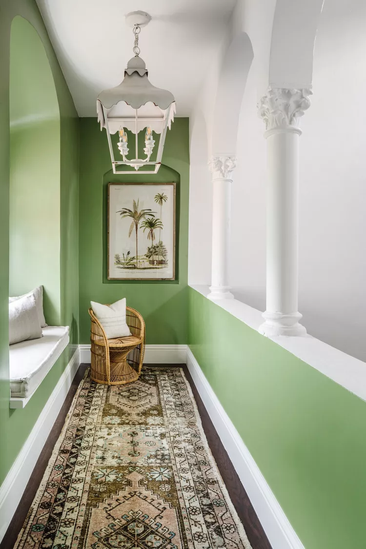 Infuse Freshness with Green Hallway Walls and Vintage Botanical Art