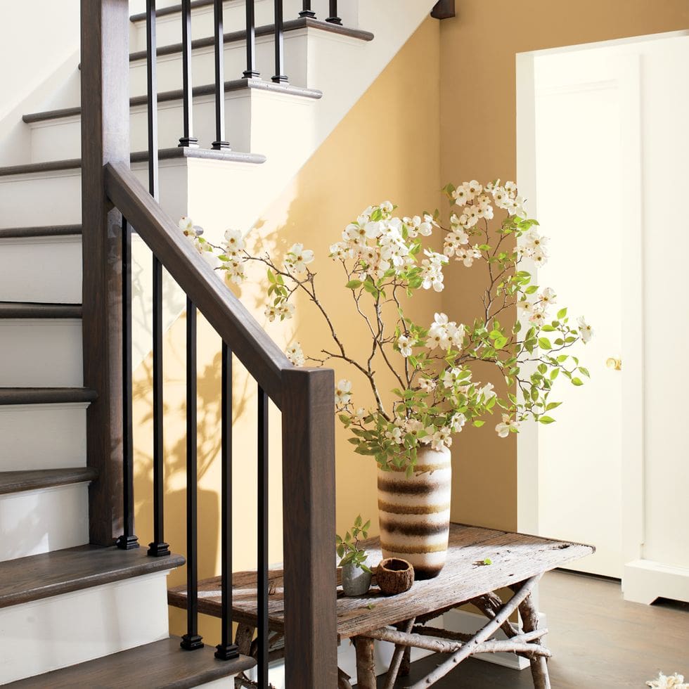Warm Ochre Hallway Walls With Natural Wood Accents