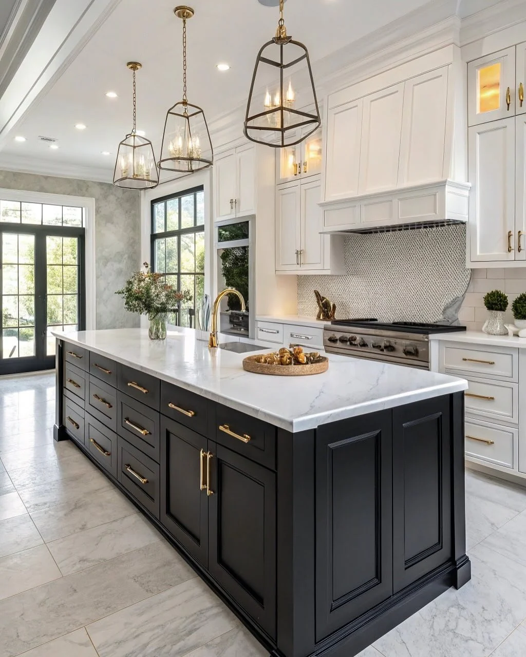 Black Island Base Anchors White Marble Countertops