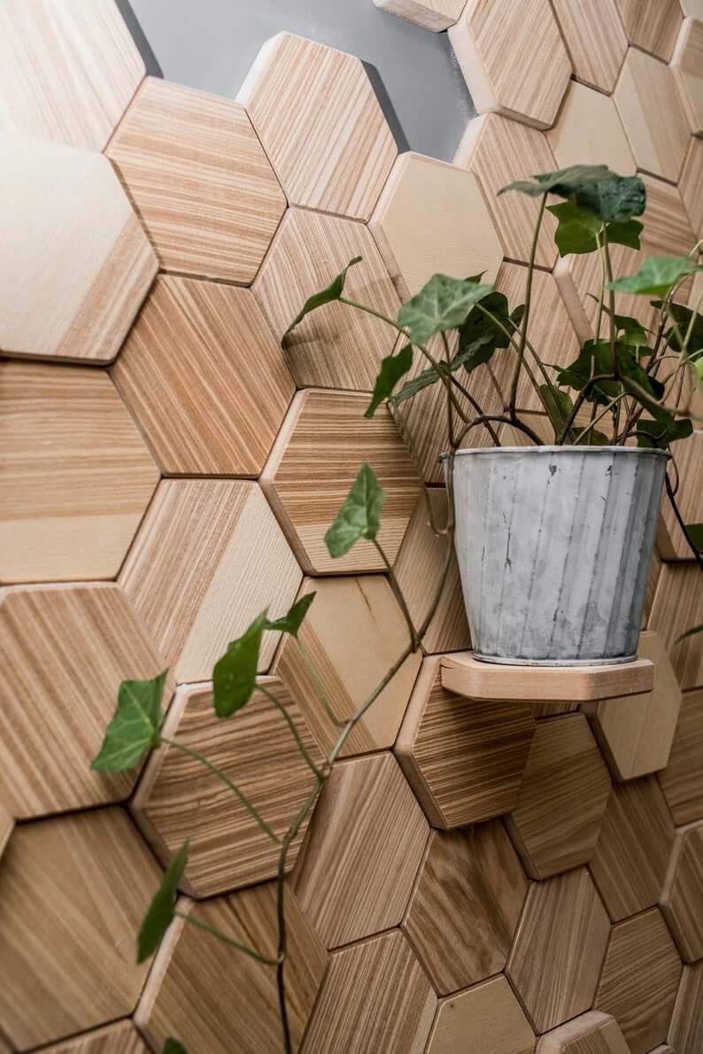 Hexagonal Wood Tiles Create a Textured Geometric Accent
