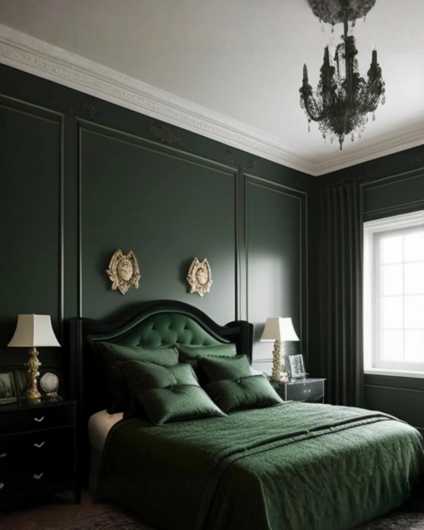 Ornate Wall Appliques Frame a Deep Green Tufted Headboard