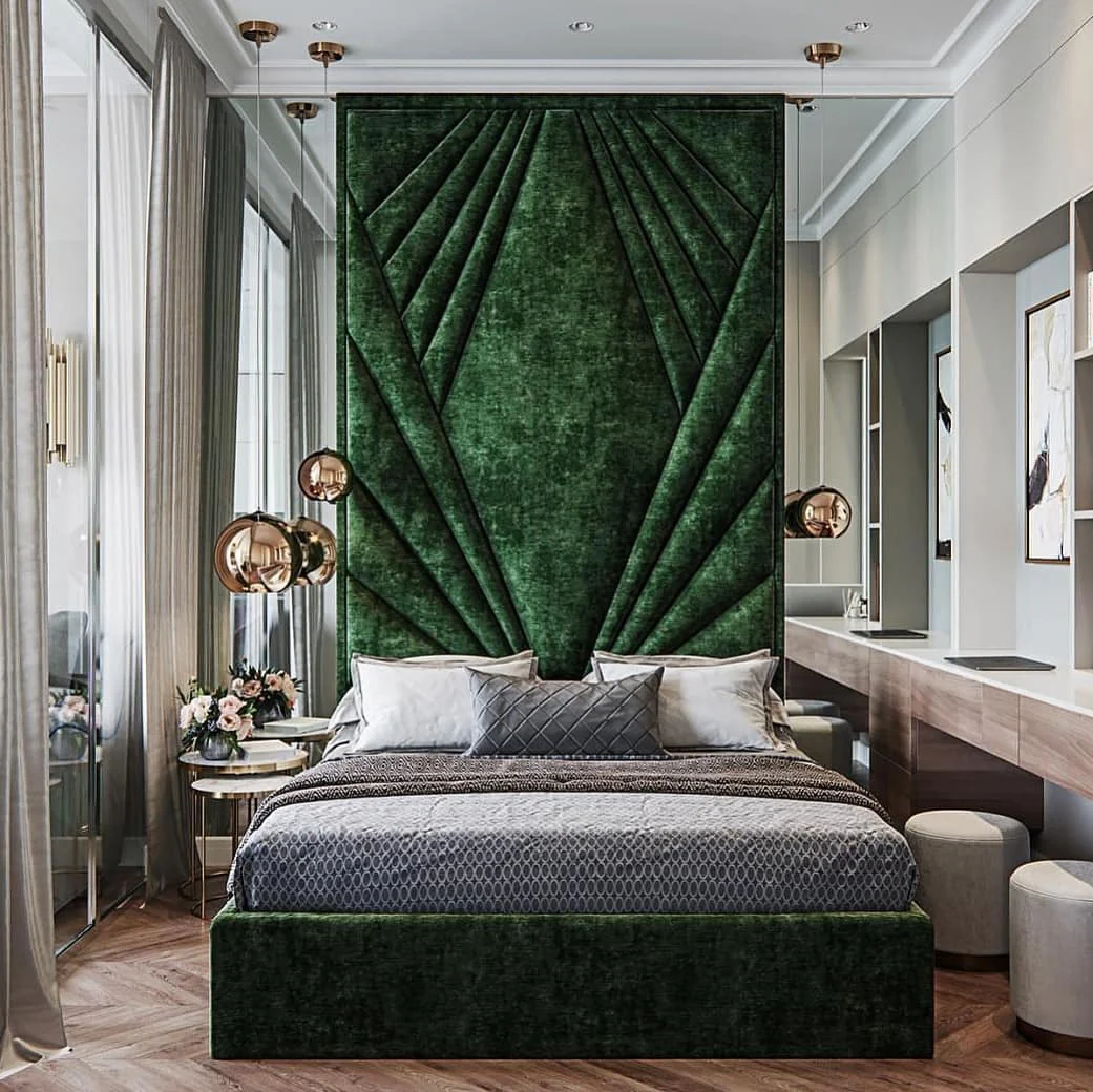 Deep Green Velvet Headboard Creates a Dramatic Focal Point