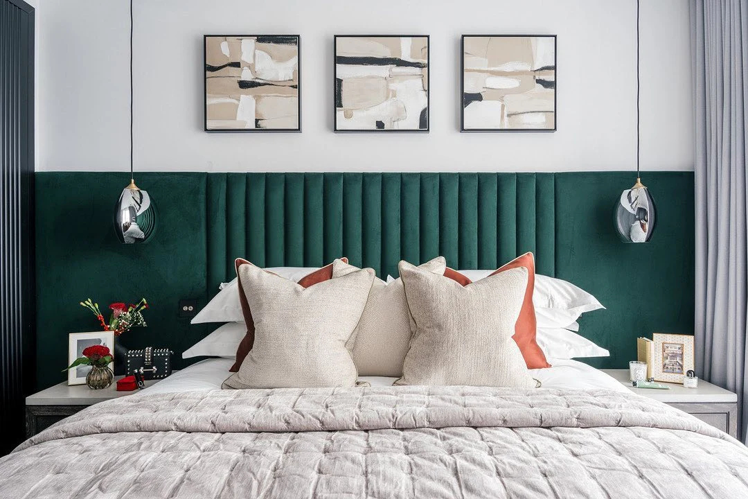 Vertical Channel Tufting on Deep Green Headboard
