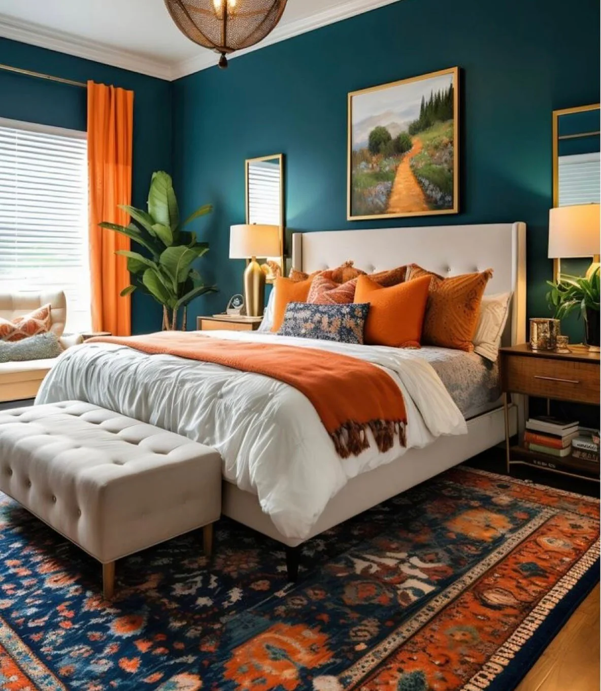 Deep Teal Walls Make Orange Accents Pop