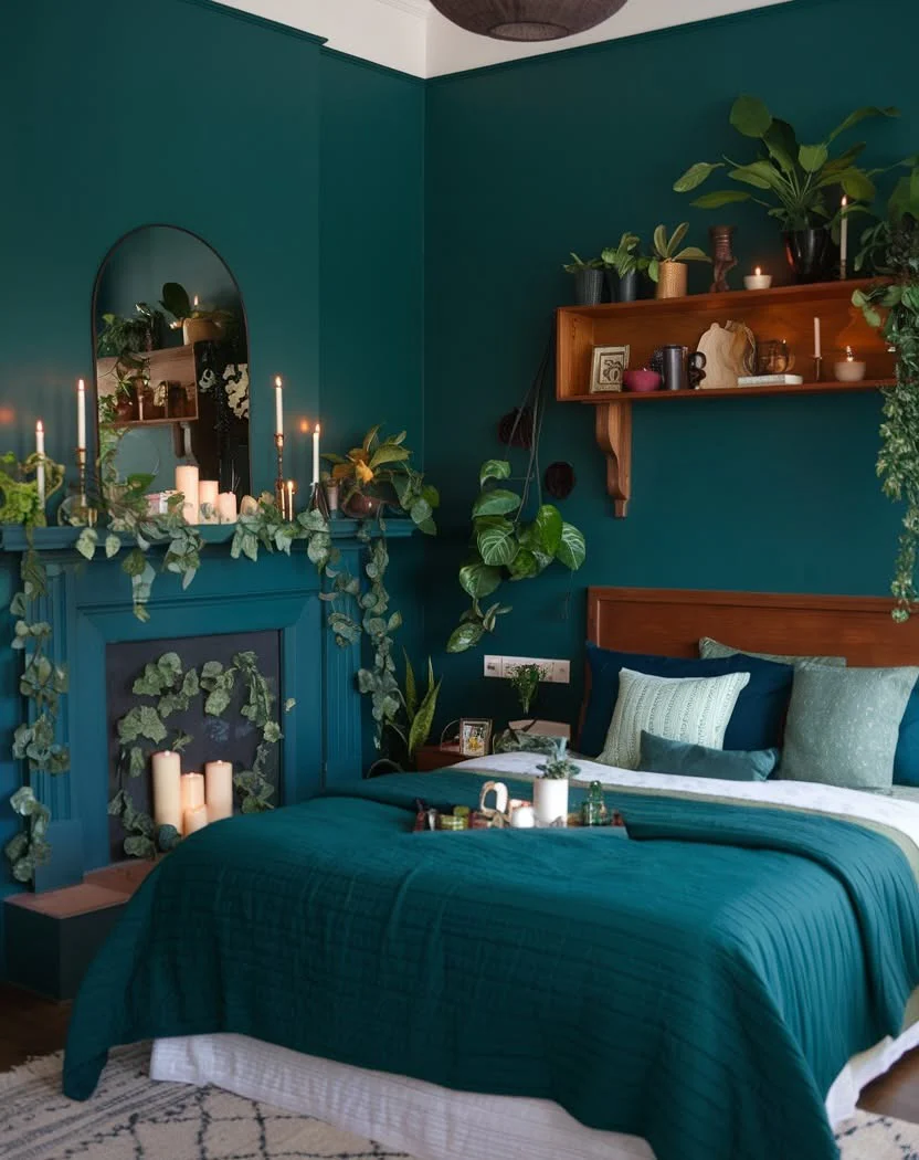 Deep Green Walls Frame a Moody Fireplace