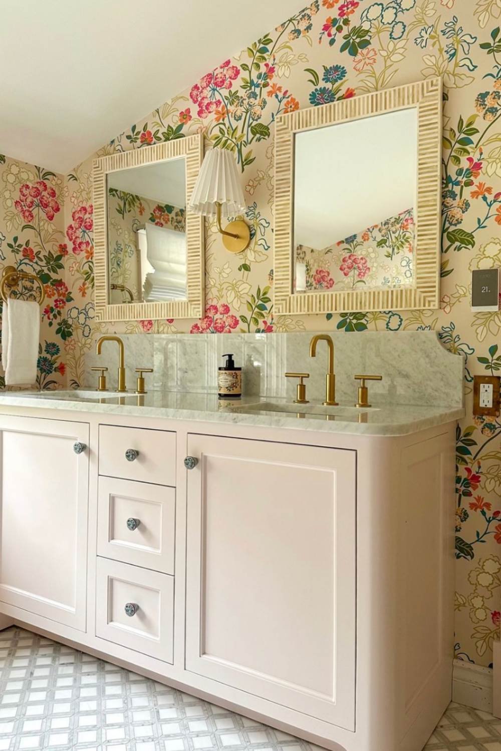 Bone Inlay Mirrors Complement Bold Floral Wallpaper
