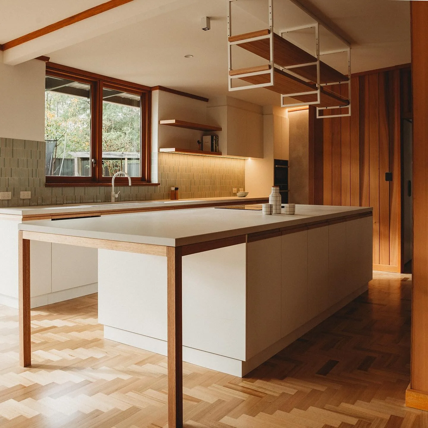 Floating Wood Shelves Add Mid-Century Kitchen Storage