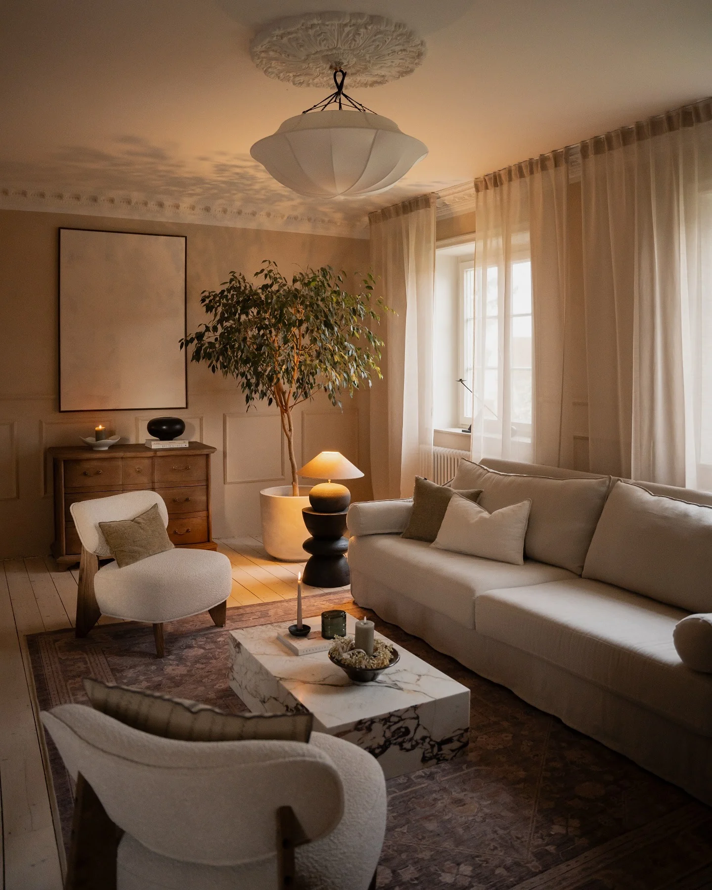 Tall Ficus Tree Adds Organic Greenery to a Neutral Space