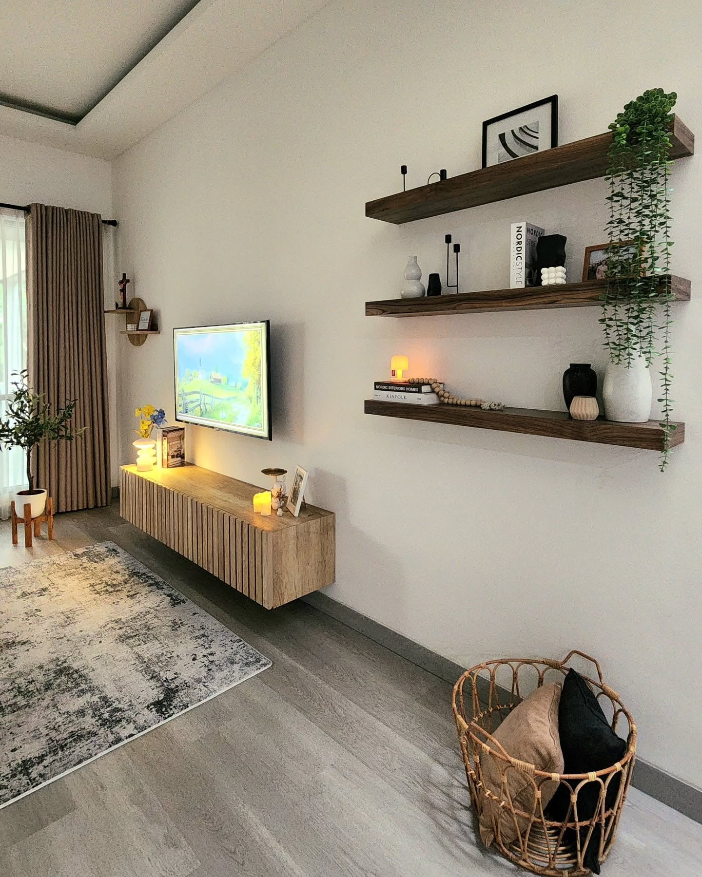 Floating Wooden Console Holds Minimalist Media Setup