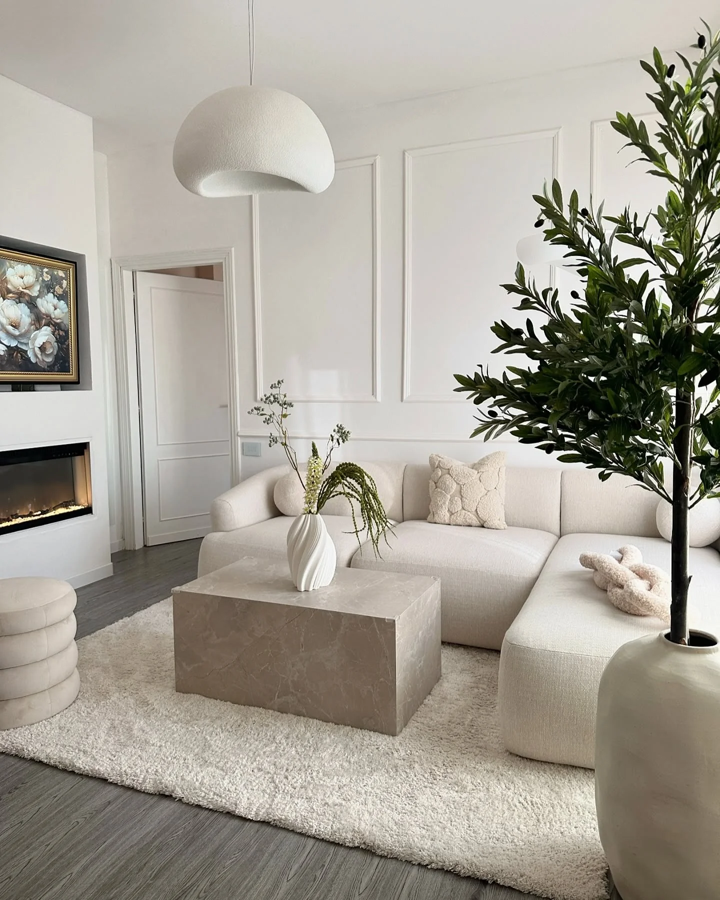 Textured Dome Pendant Light Softens a Minimalist Living Room