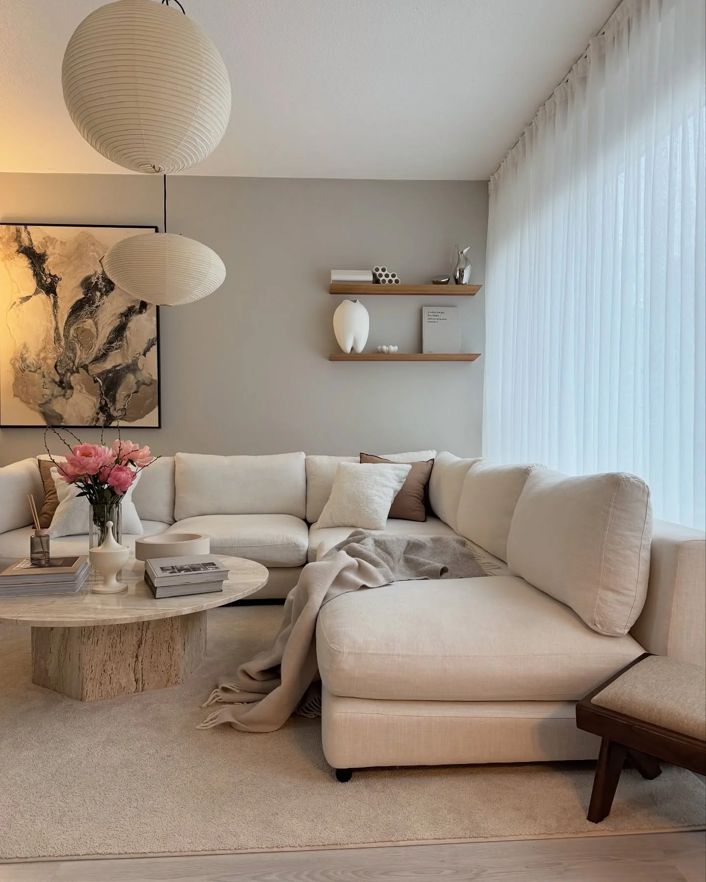 Travertine Coffee Table Anchors a Serene Living Space