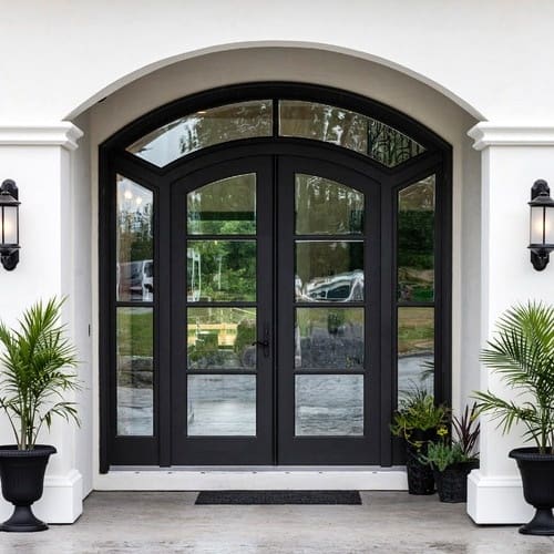 Arched Black Double Doors with Geometric Panes