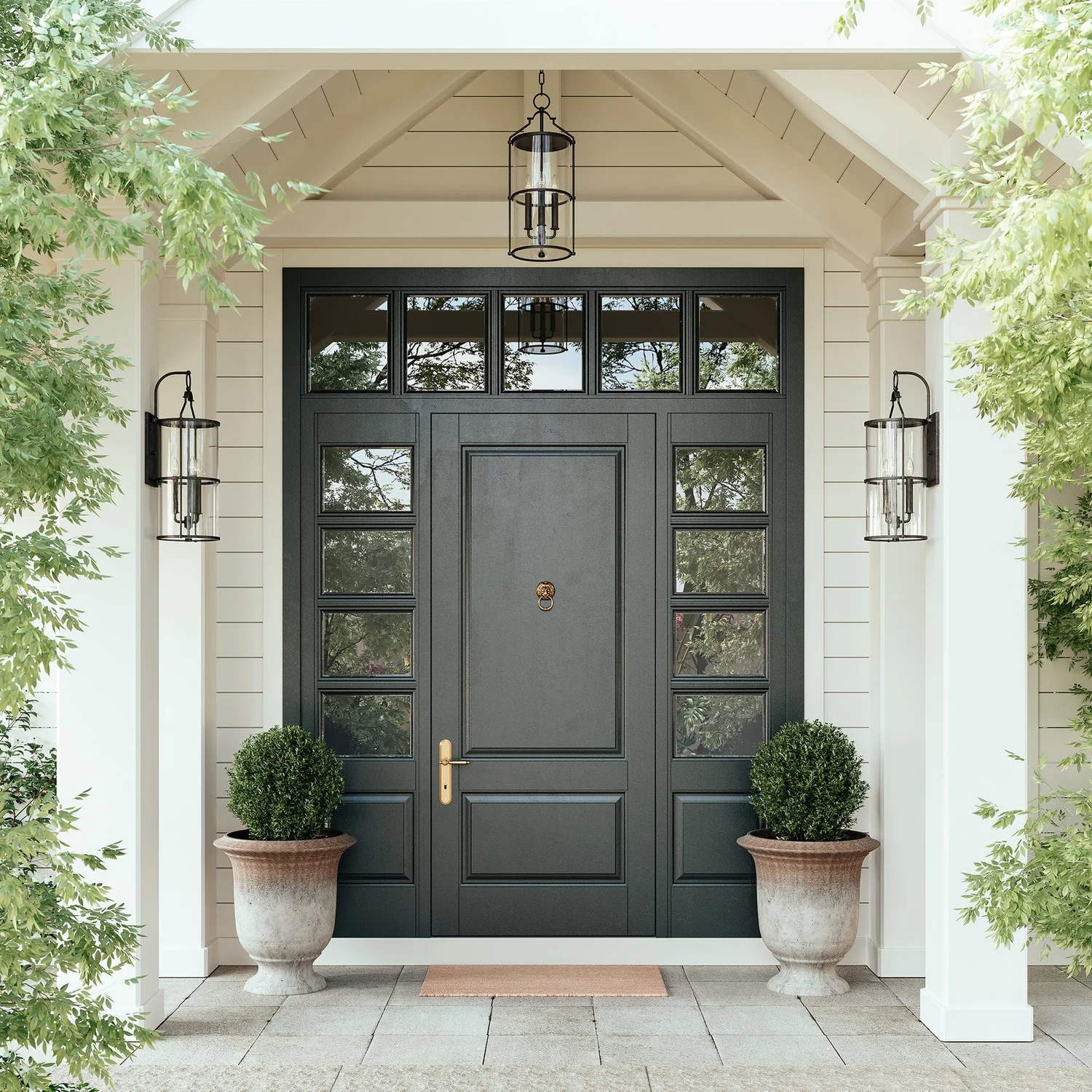 Tapered Stone Urns Hold Sculpted Boxwoods