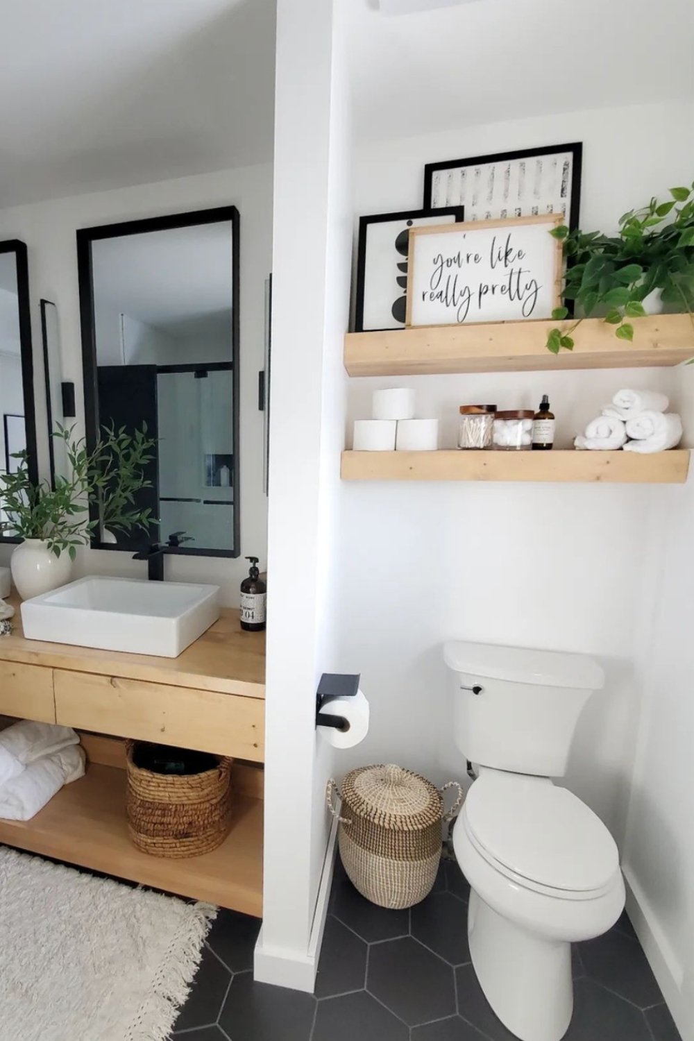 Floating Wood Shelves Display Toiletries and Decor