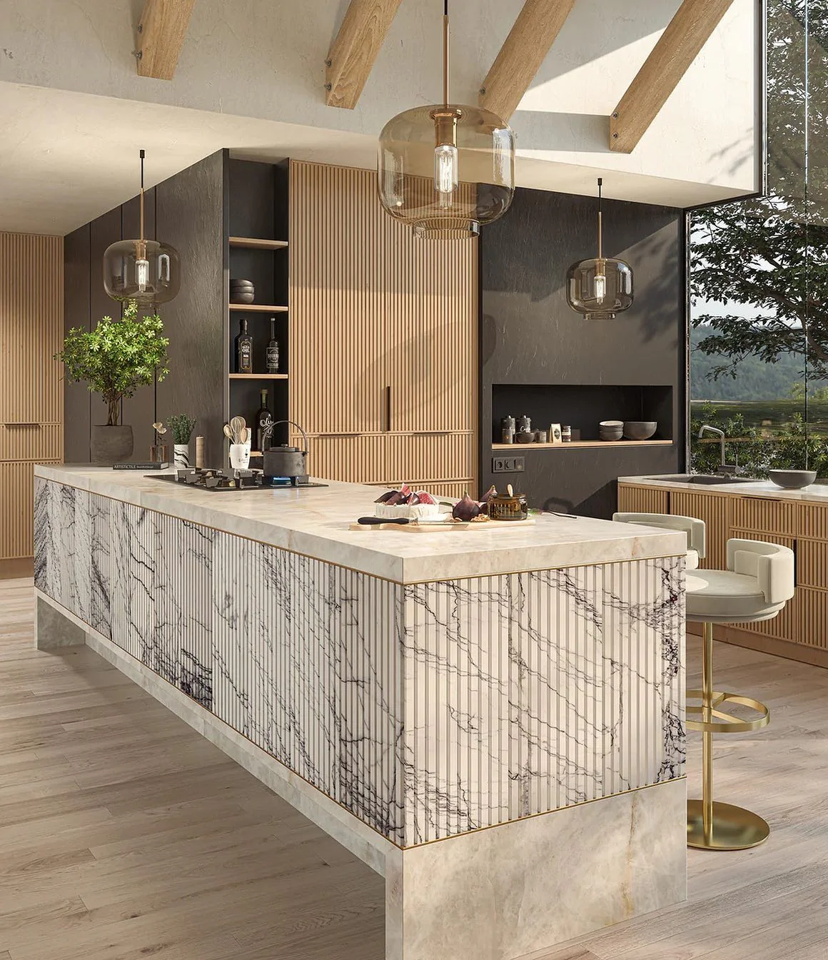 Marble Island With Vertical Panel Accents Adds Sophistication
