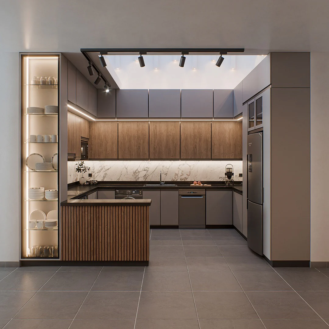 Glass-fronted cabinet with integrated lighting for displaying dinnerware