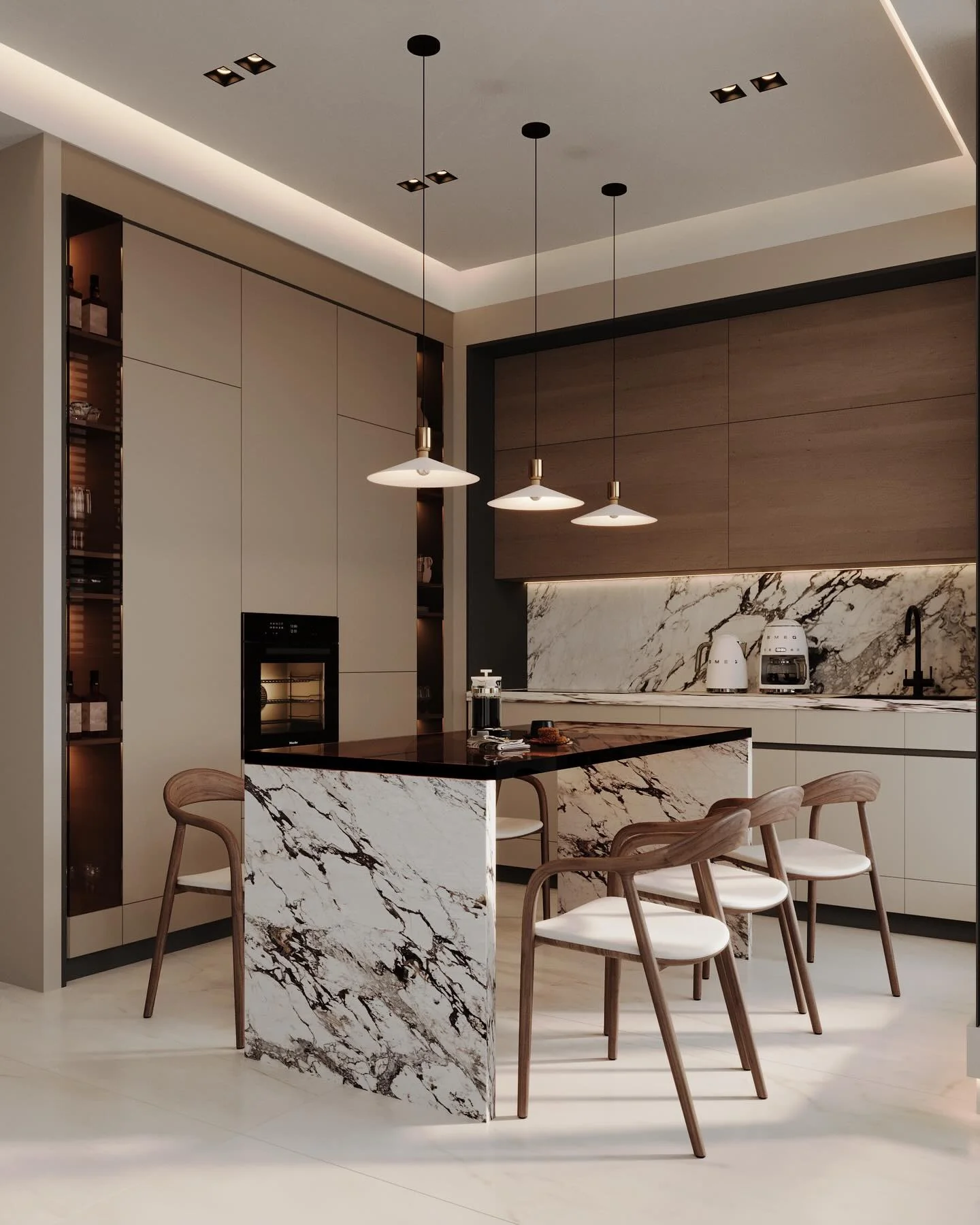 Marble Island With Waterfall Edges Creates a Bold Kitchen Statement