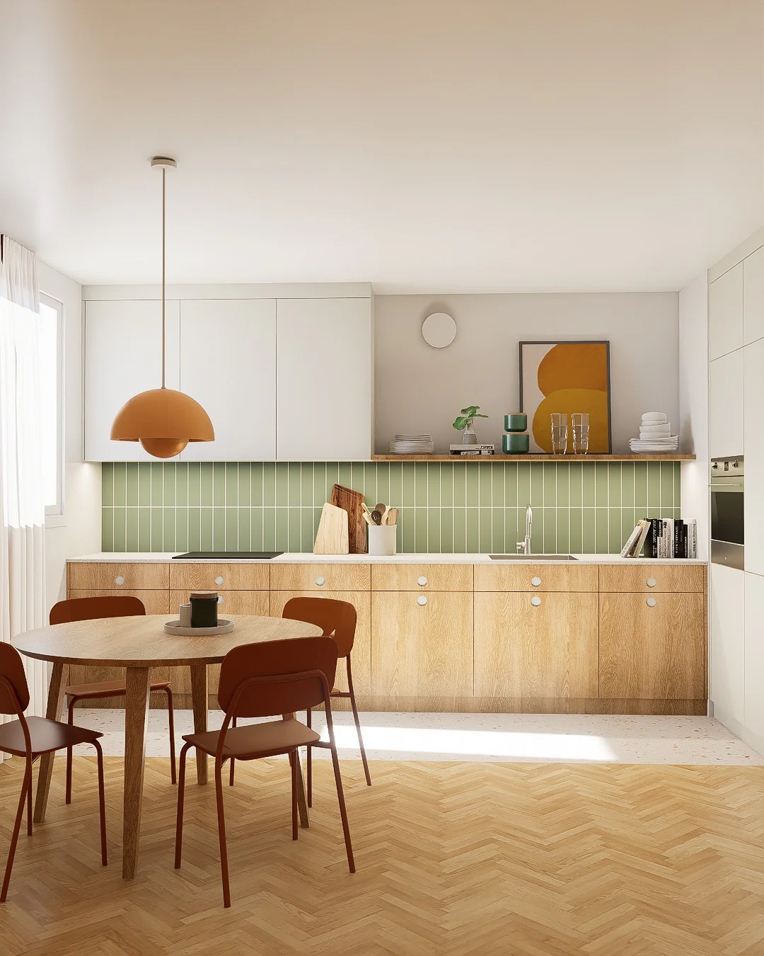 Vertical Green Tile Backsplash Adds a Fresh Pop of Color