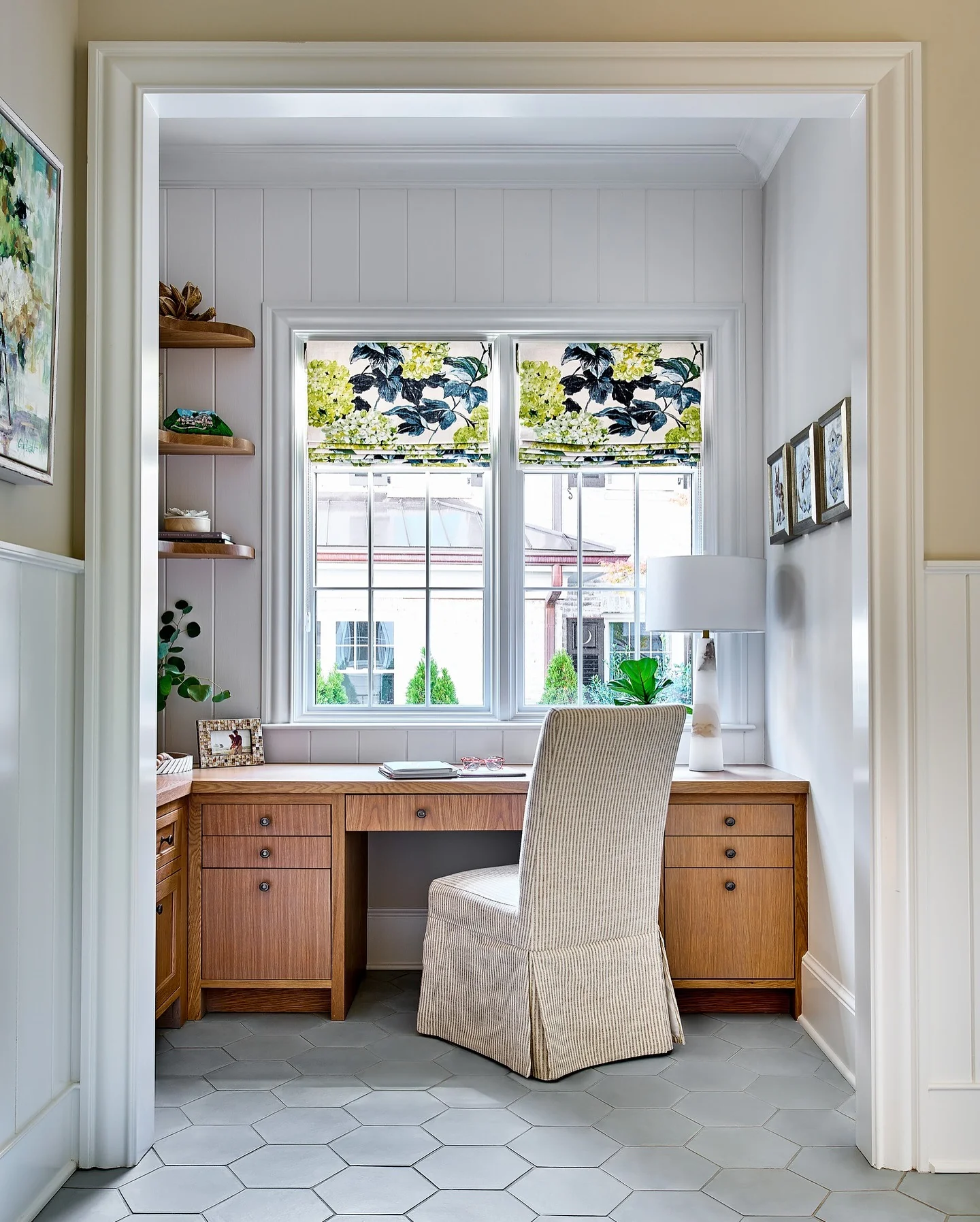 Floral Roman Shades Add a Pop of Color to a Light Office