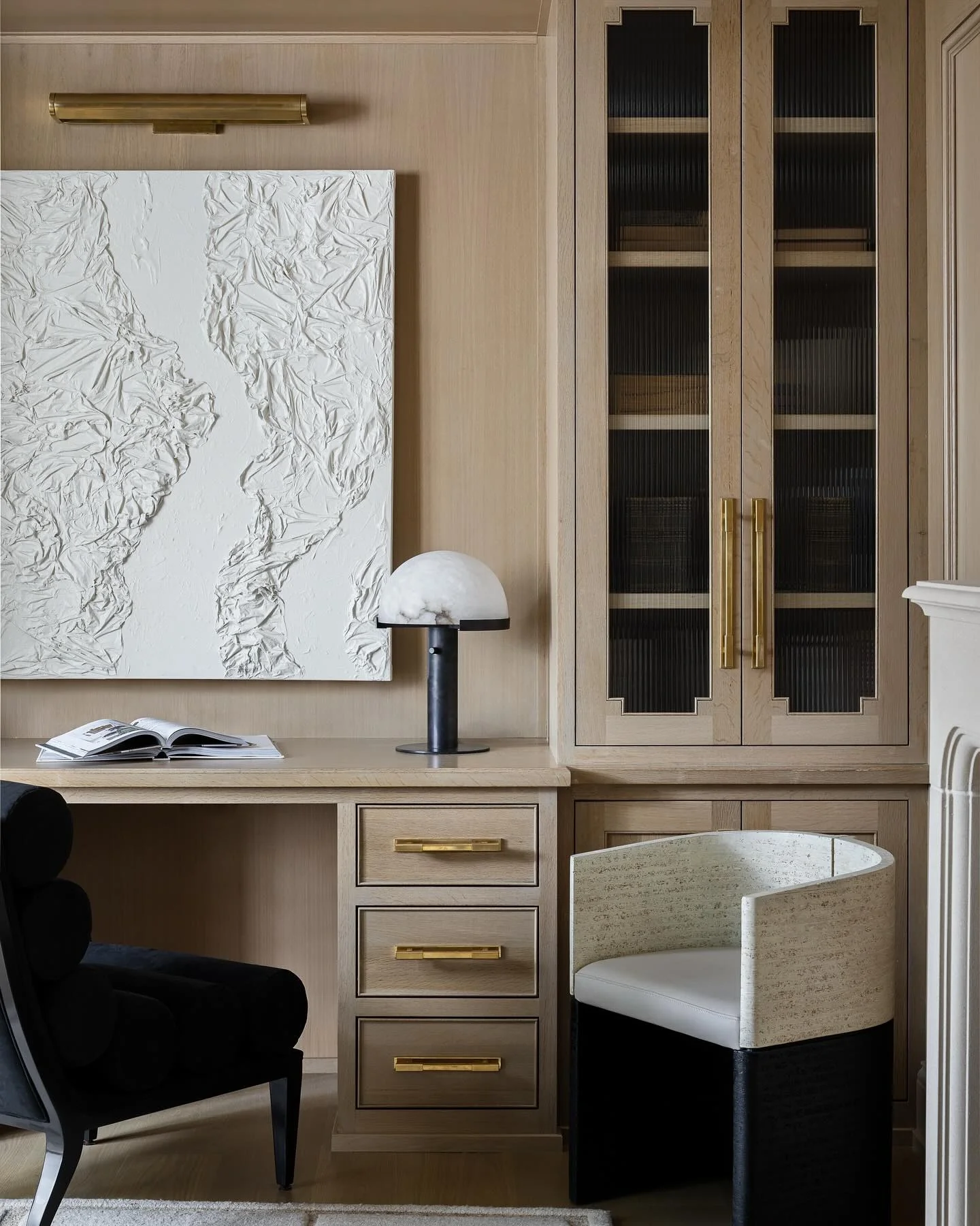 Textured White Art Adds a Bold Focal Point Above the Desk