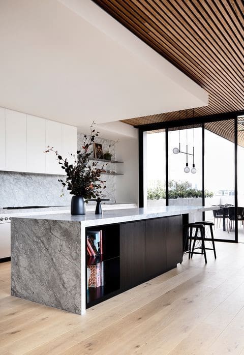 Marble Island Base With Integrated Black Shelving