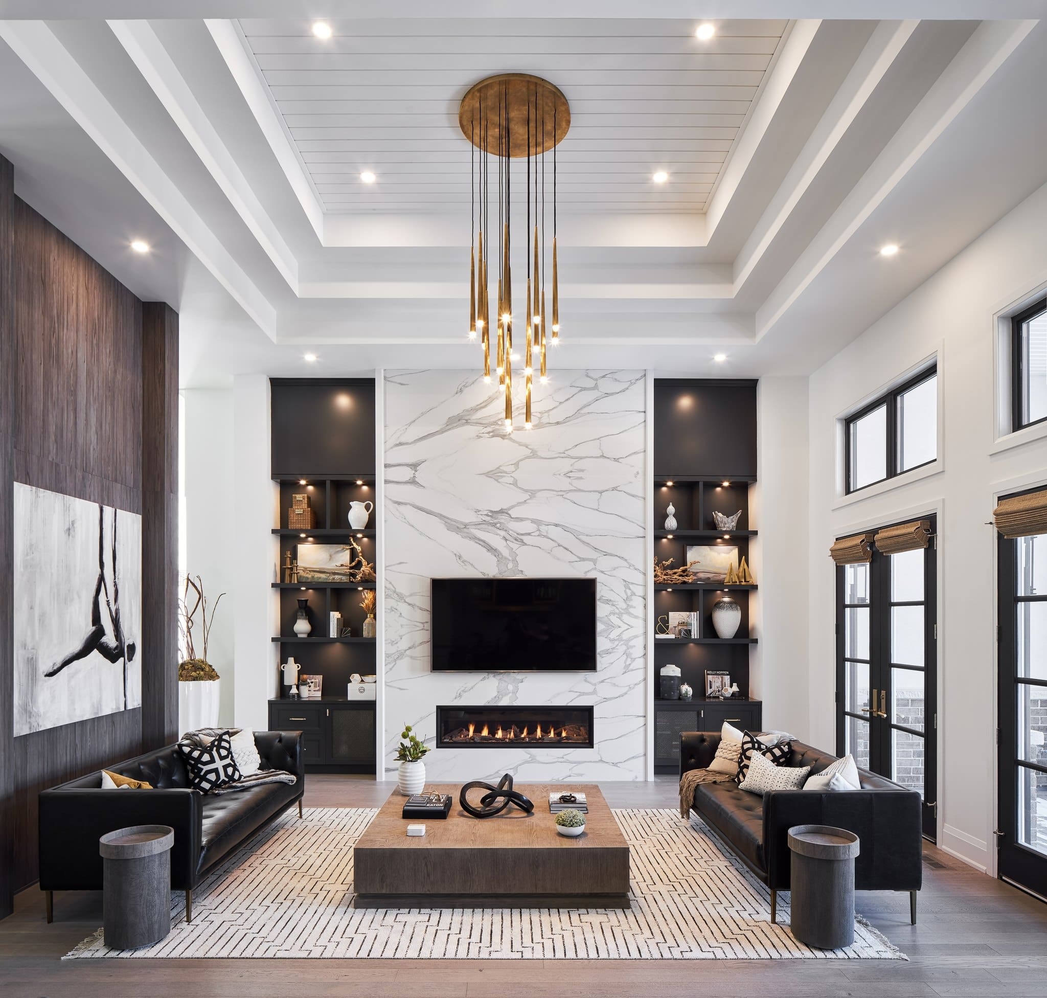 Cascading Pendant Lights Warm a Coffered Ceiling