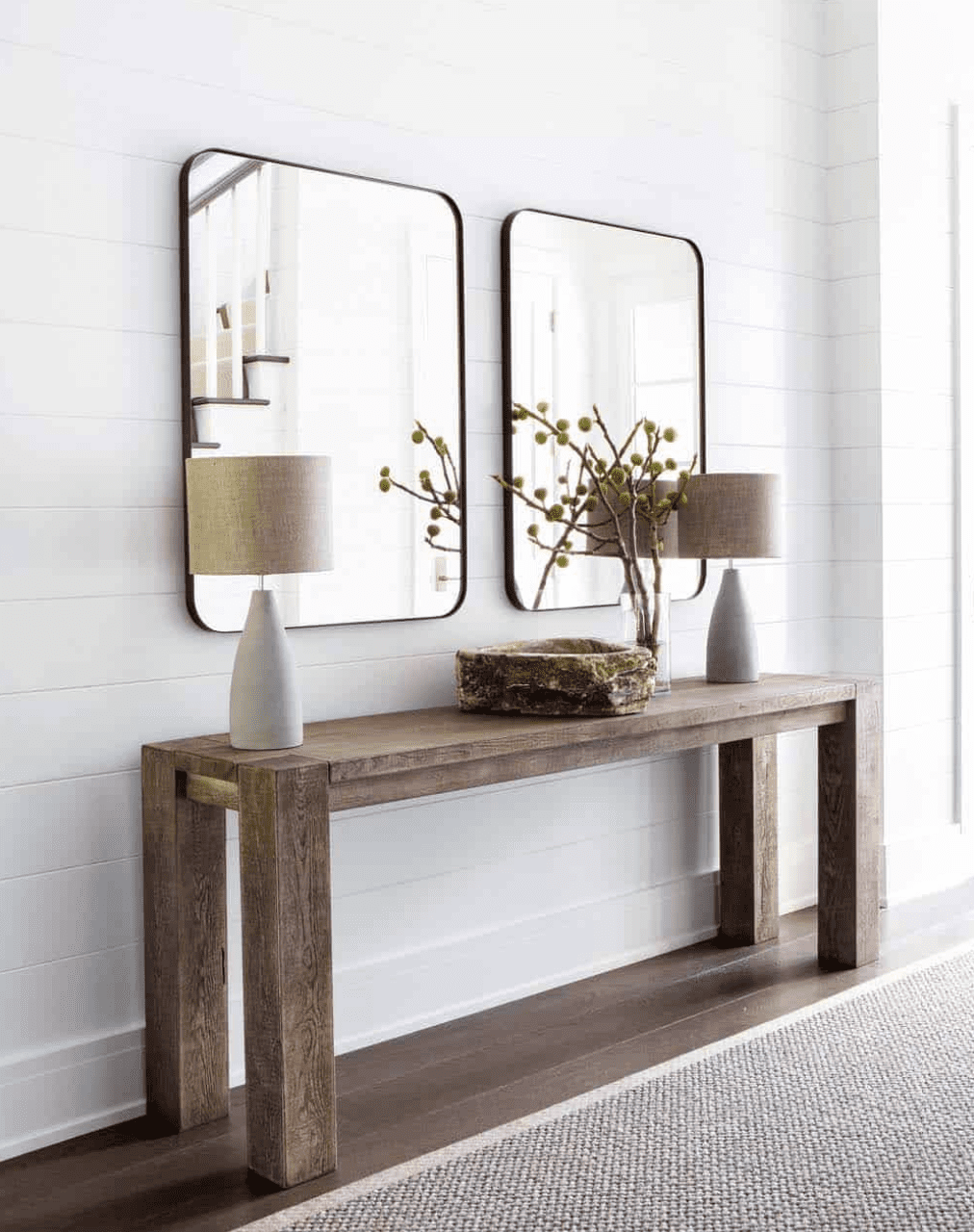 Two Rounded Corner Mirrors Frame Entryway Symmetry