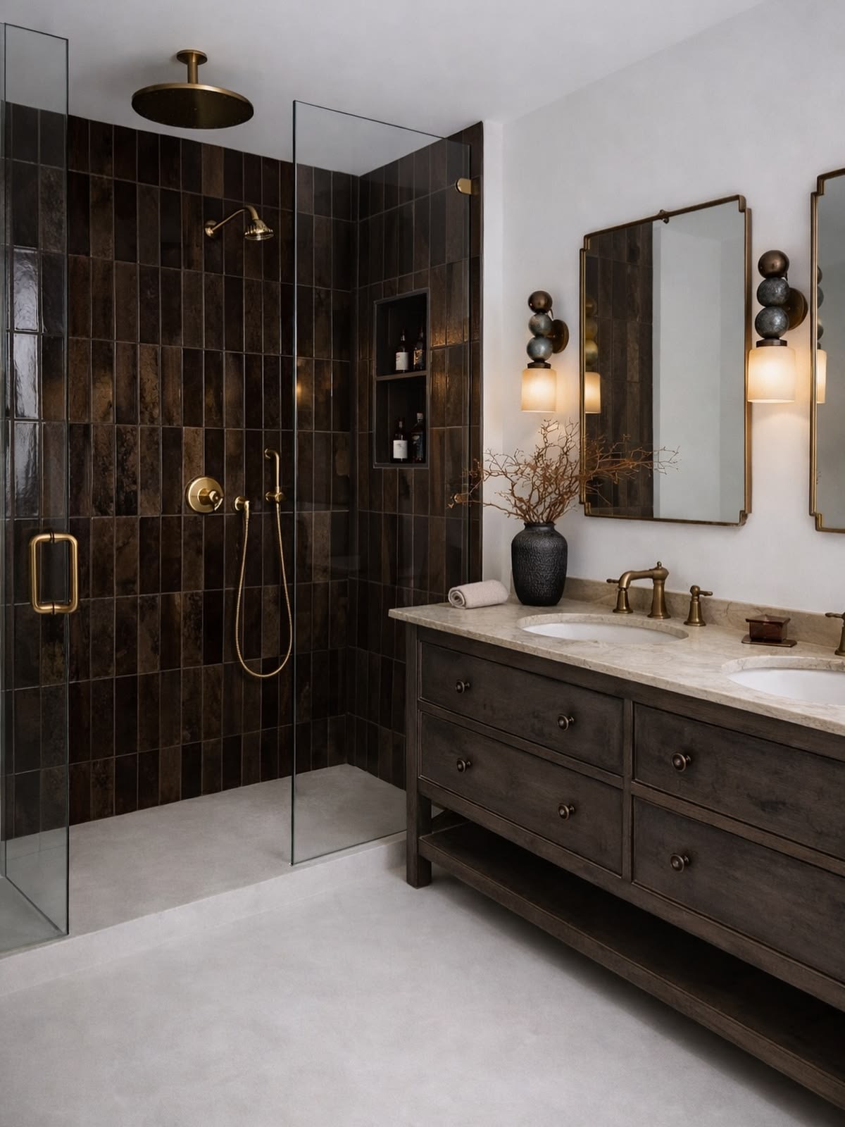 Dark Vertical Shower Tiles Create a Dramatic Focal Point
