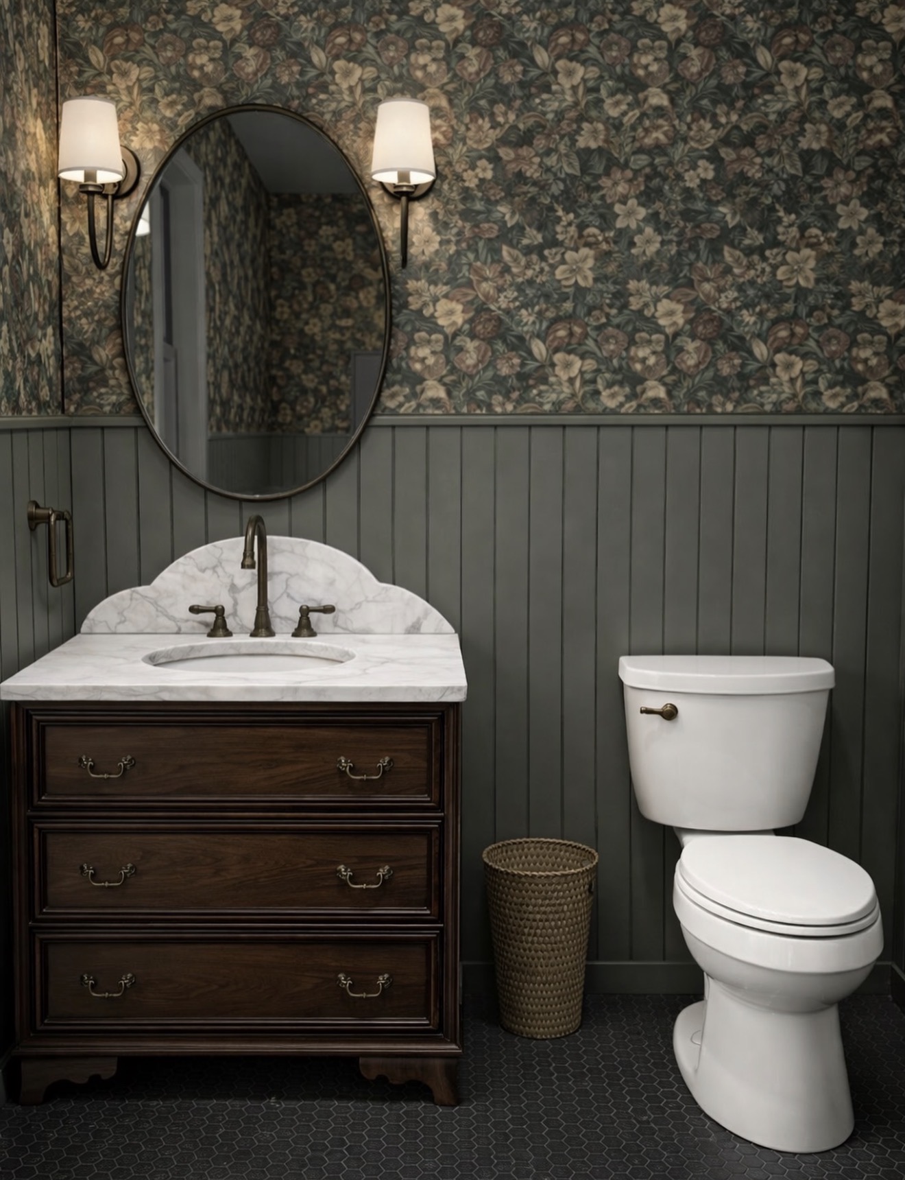 Dark Floral Wallpaper Adds Moody Pattern Above Paneled Walls