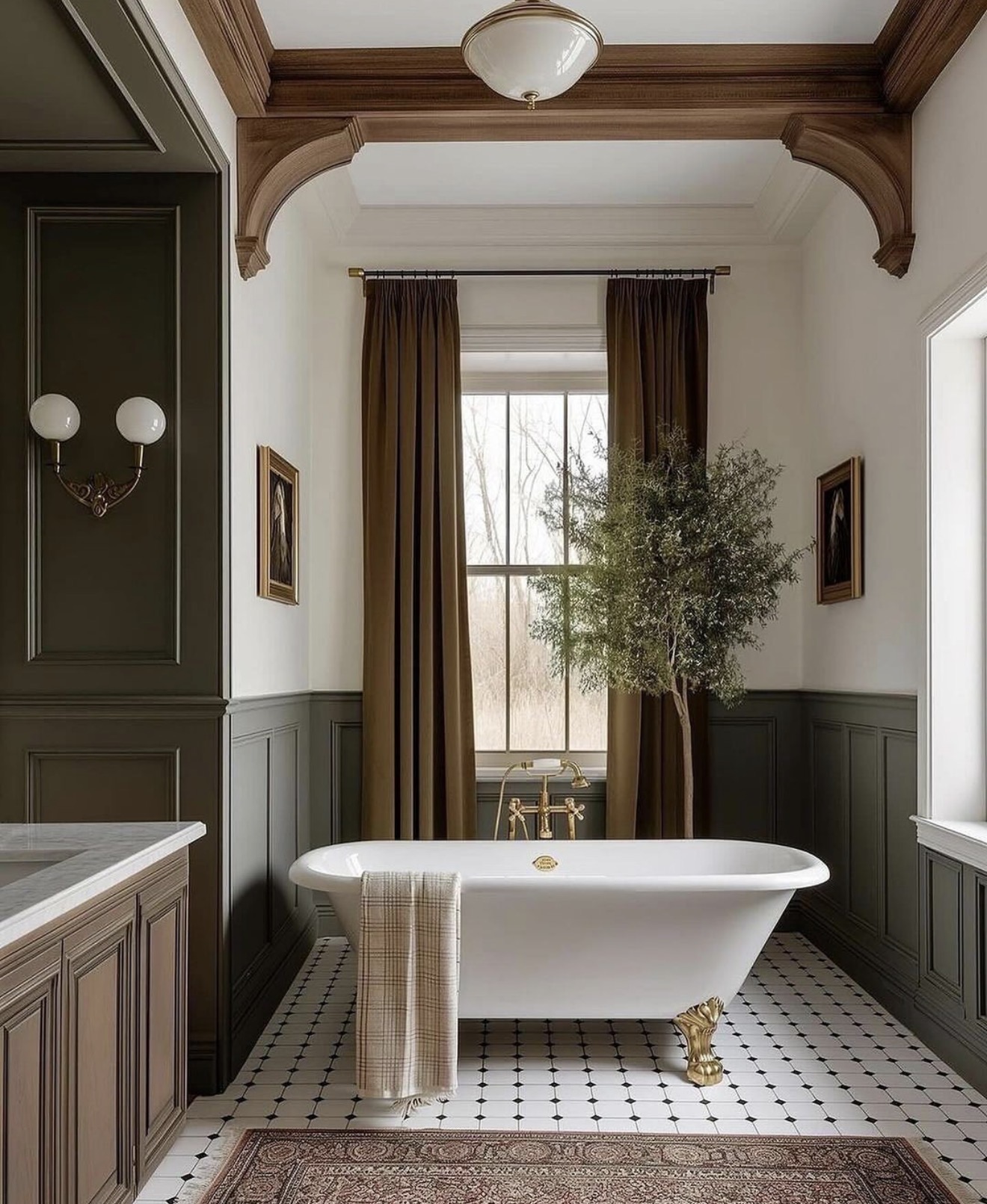 Paneled Walls and Wood Accents Create a Dramatic Bathroom Sanctuary