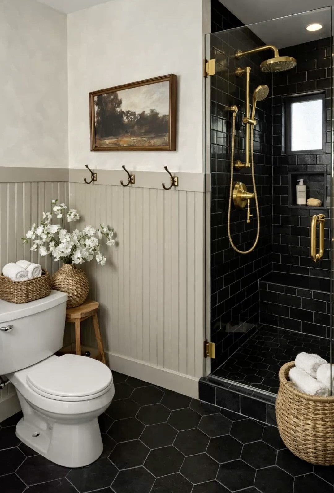 Black Hex Tile Floor Grounds the Moody Bathroom