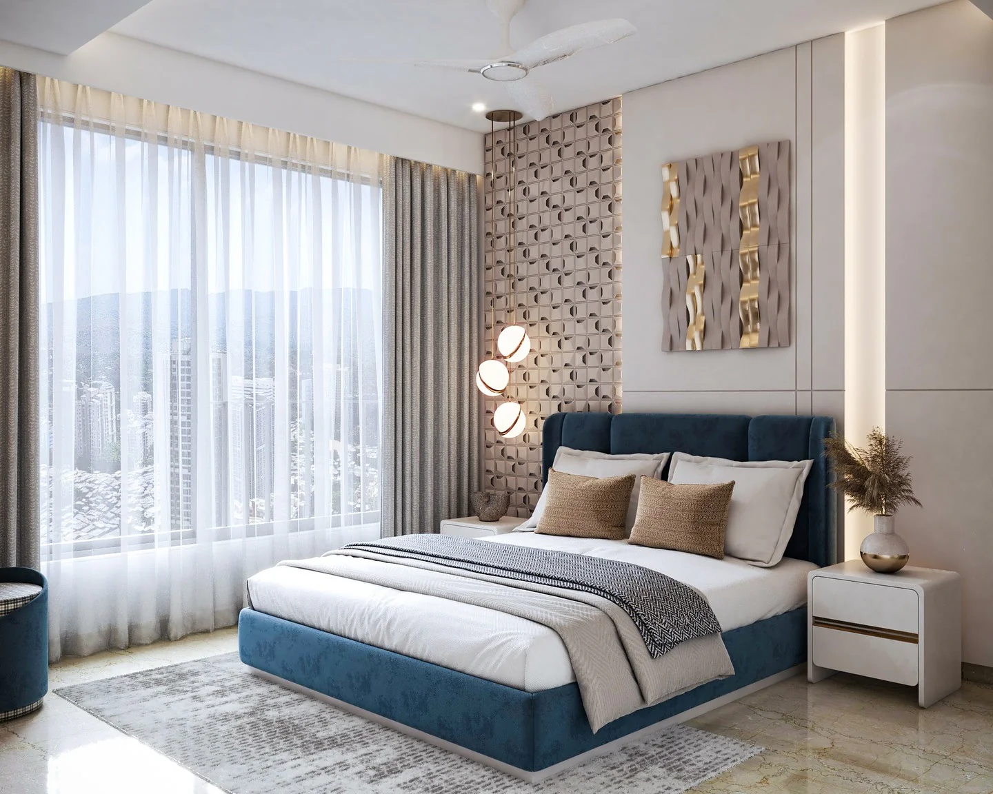 Textured Wall Panels Add Depth Behind the Bed